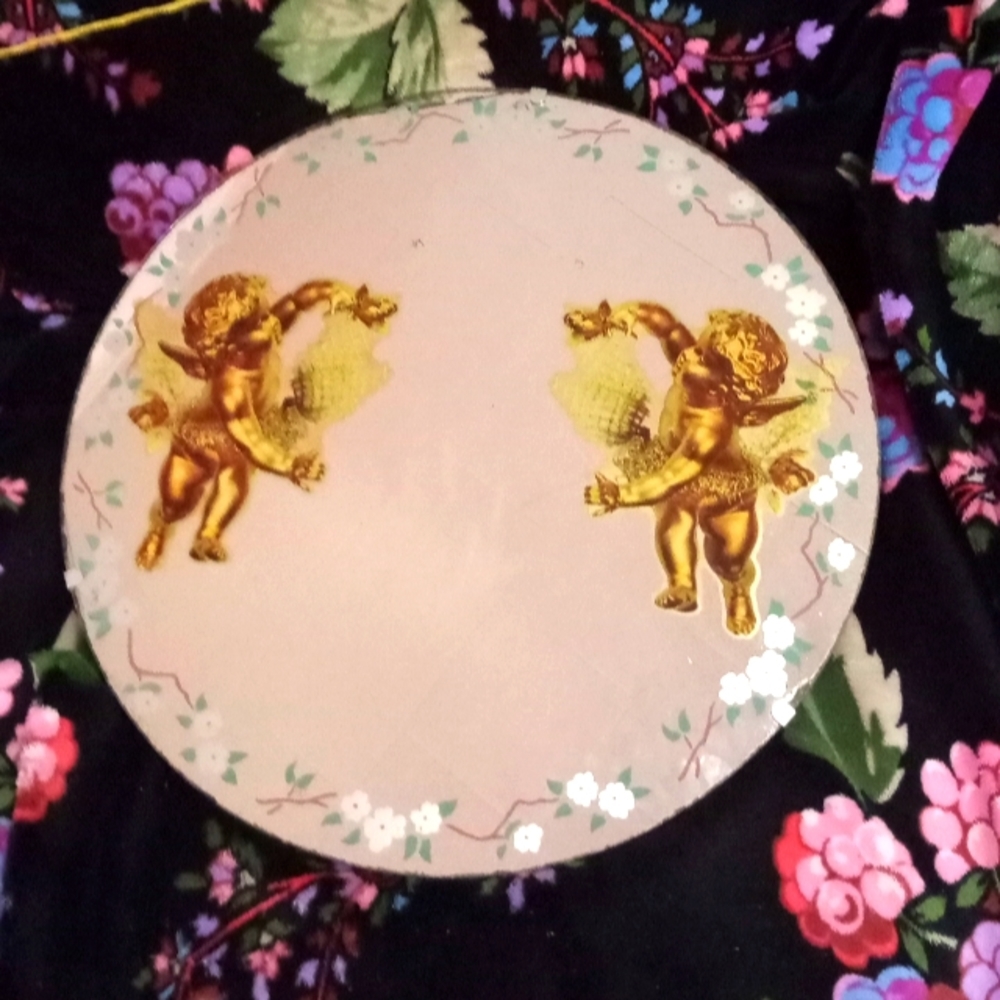 Vintage Mirror Round , Meyercord Angels Cherubs Gold Decals Style 1102-A 17.5"